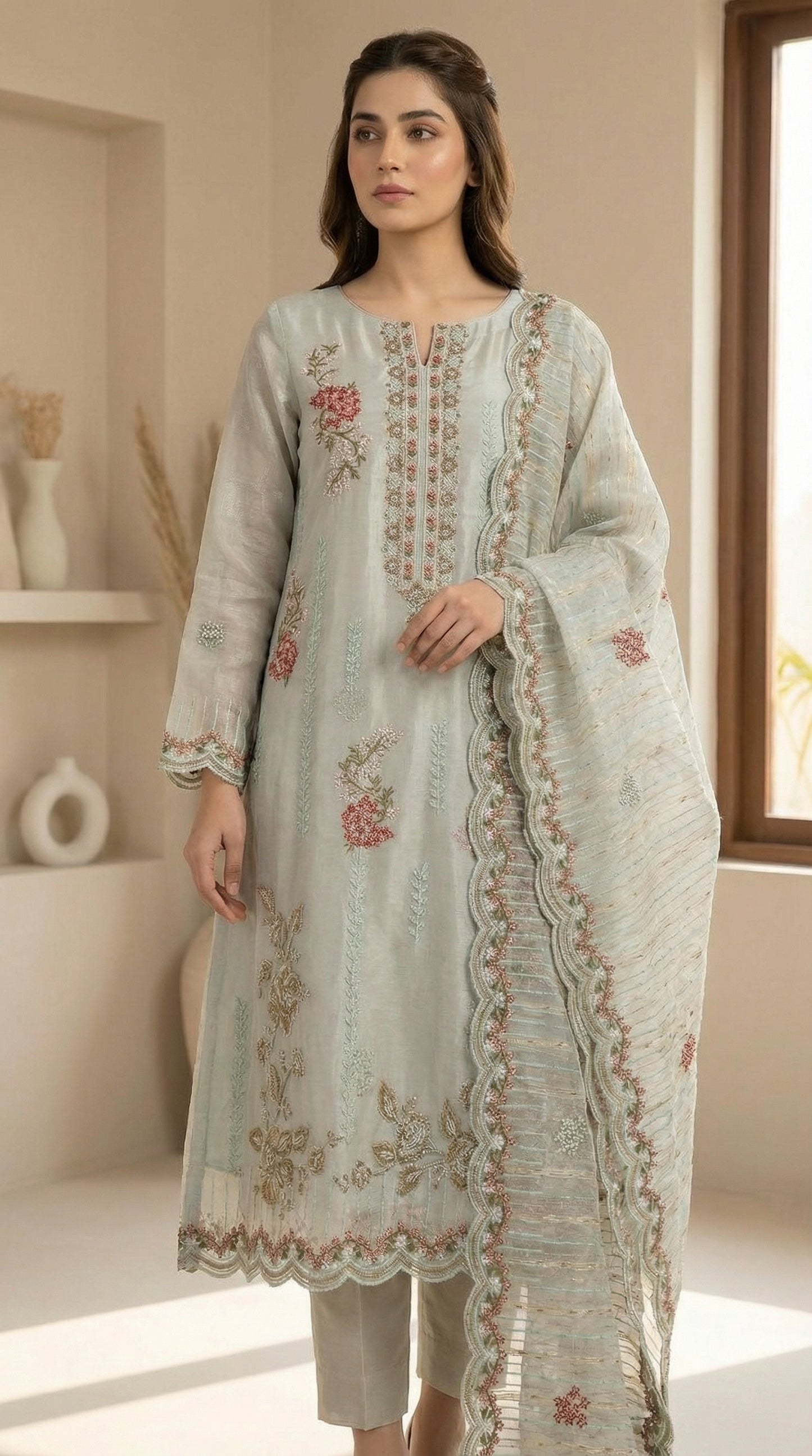 Mehraaj – Light Sea Green | Embroidered Festive Three-Piece Premium Unstitched Suit