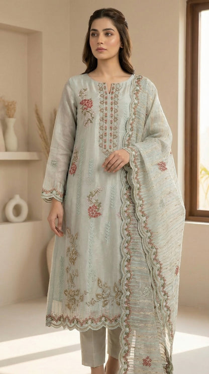 Mehraaj – Light Sea Green | Embroidered Festive Three-Piece Premium Unstitched Suit