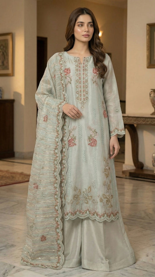 Mehraaj – Light Sea Green | Embroidered Festive Three-Piece Premium Unstitched Suit
