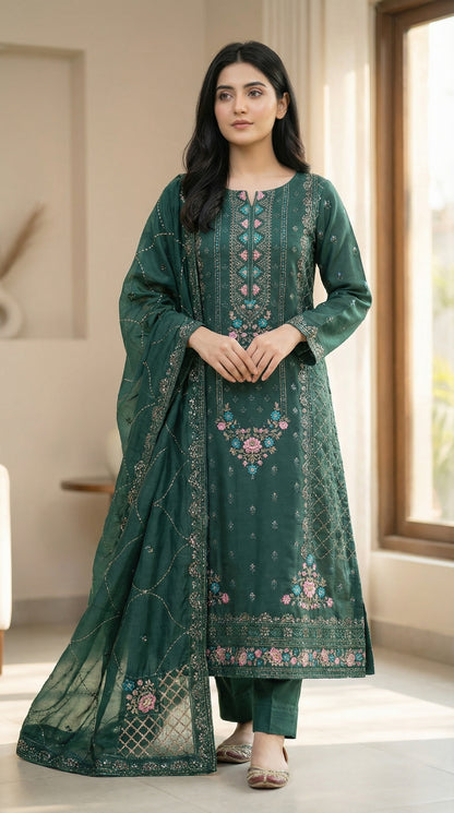 Yaqoot – Green | Embroidered Festive Three-Piece Premium Unstitched Suit
