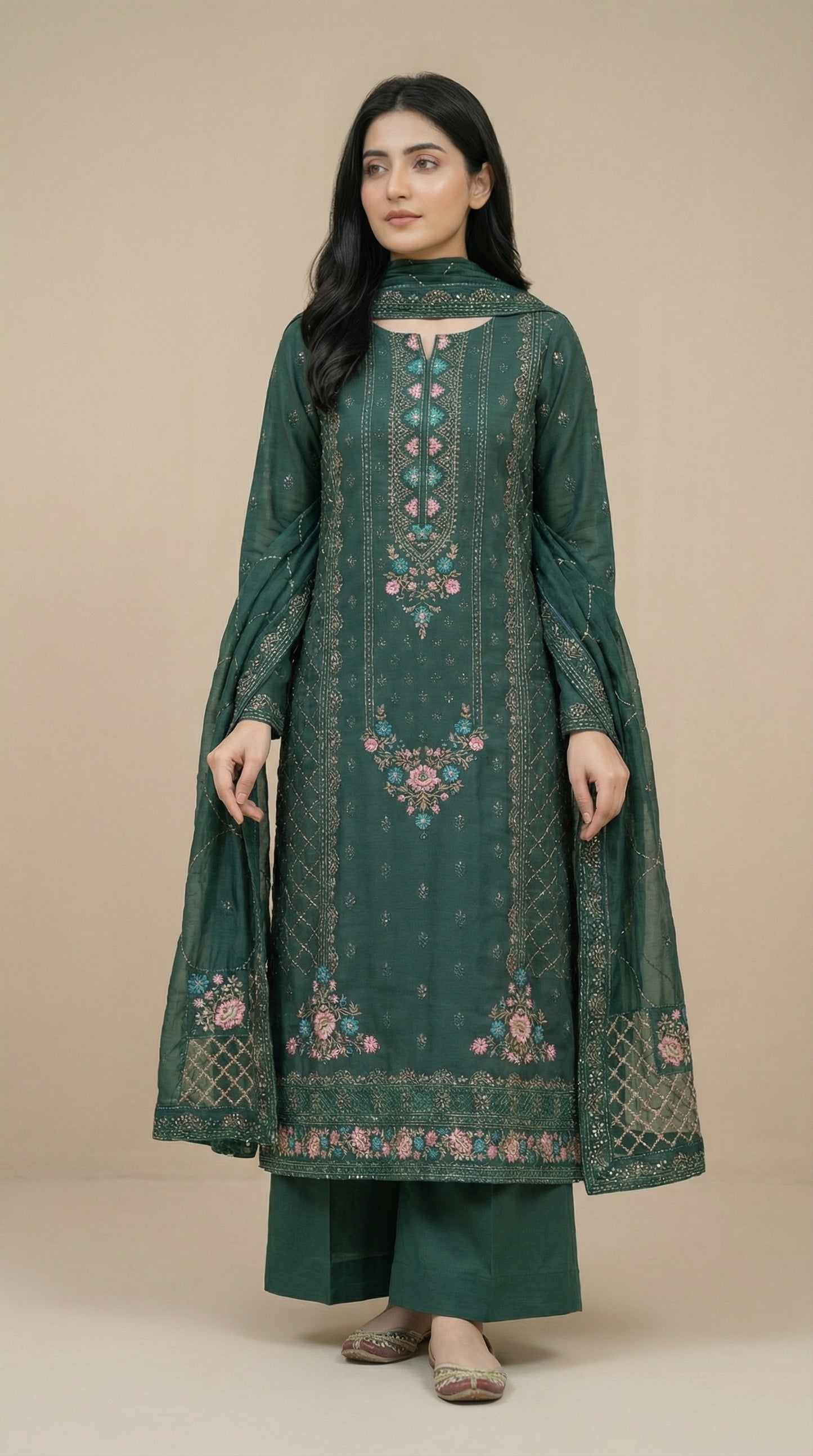Yaqoot – Green | Embroidered Festive Three-Piece Premium Unstitched Suit
