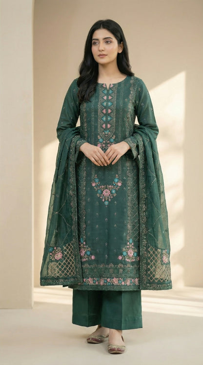 Yaqoot – Green | Embroidered Festive Three-Piece Premium Unstitched Suit