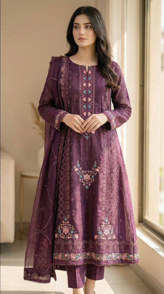 Yaqoot – Violet | Embroidered Festive Three-Piece Premium Unstitched Suit