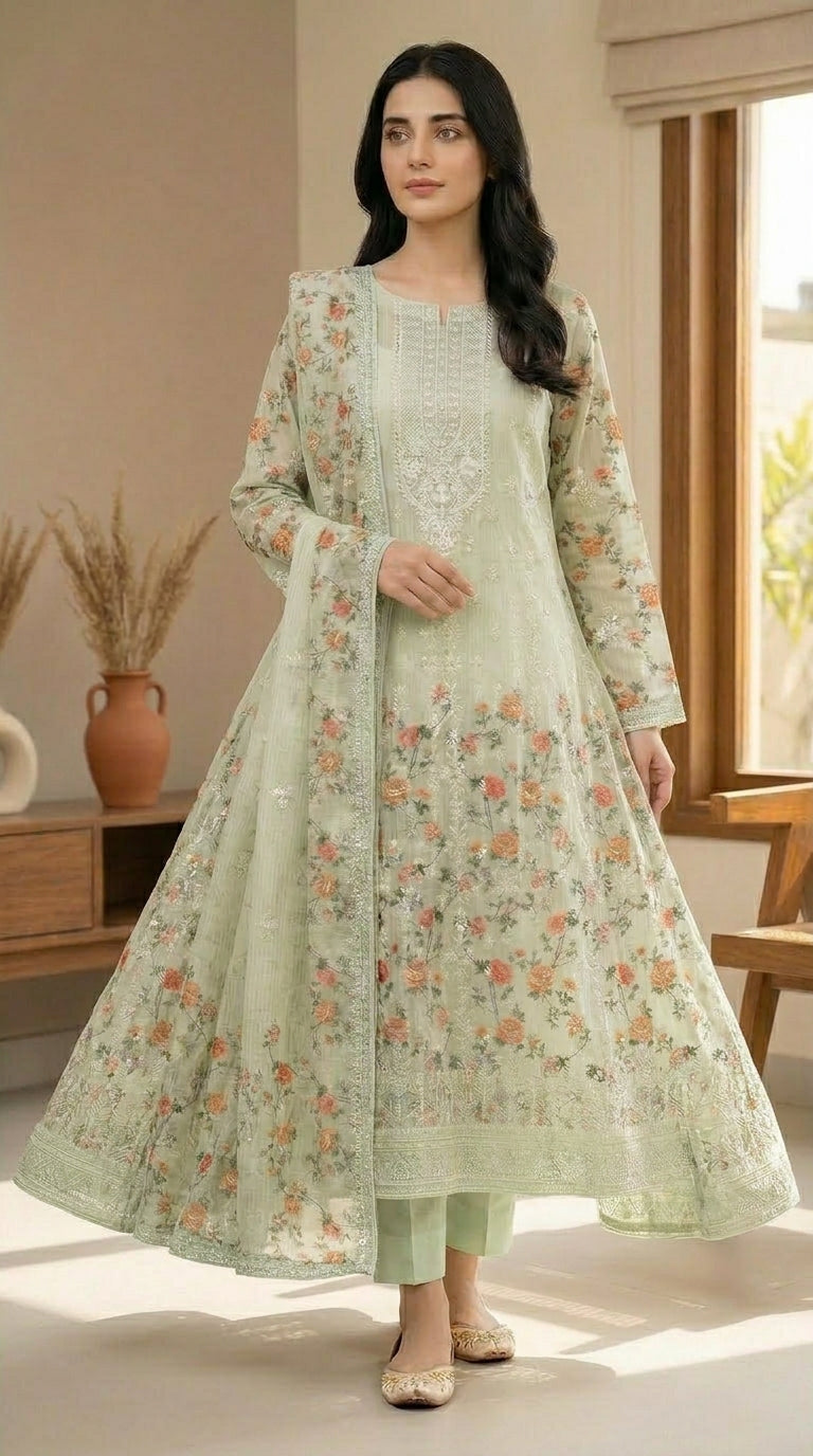Gulzaar – Pista Green | Embroidered Festive Three-Piece  Premium Unstitched Suit